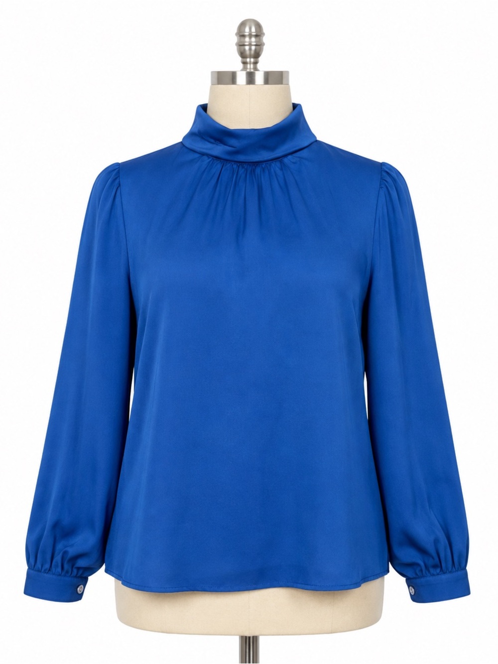Vintage Royal Blue High-Neck Satin Blouse